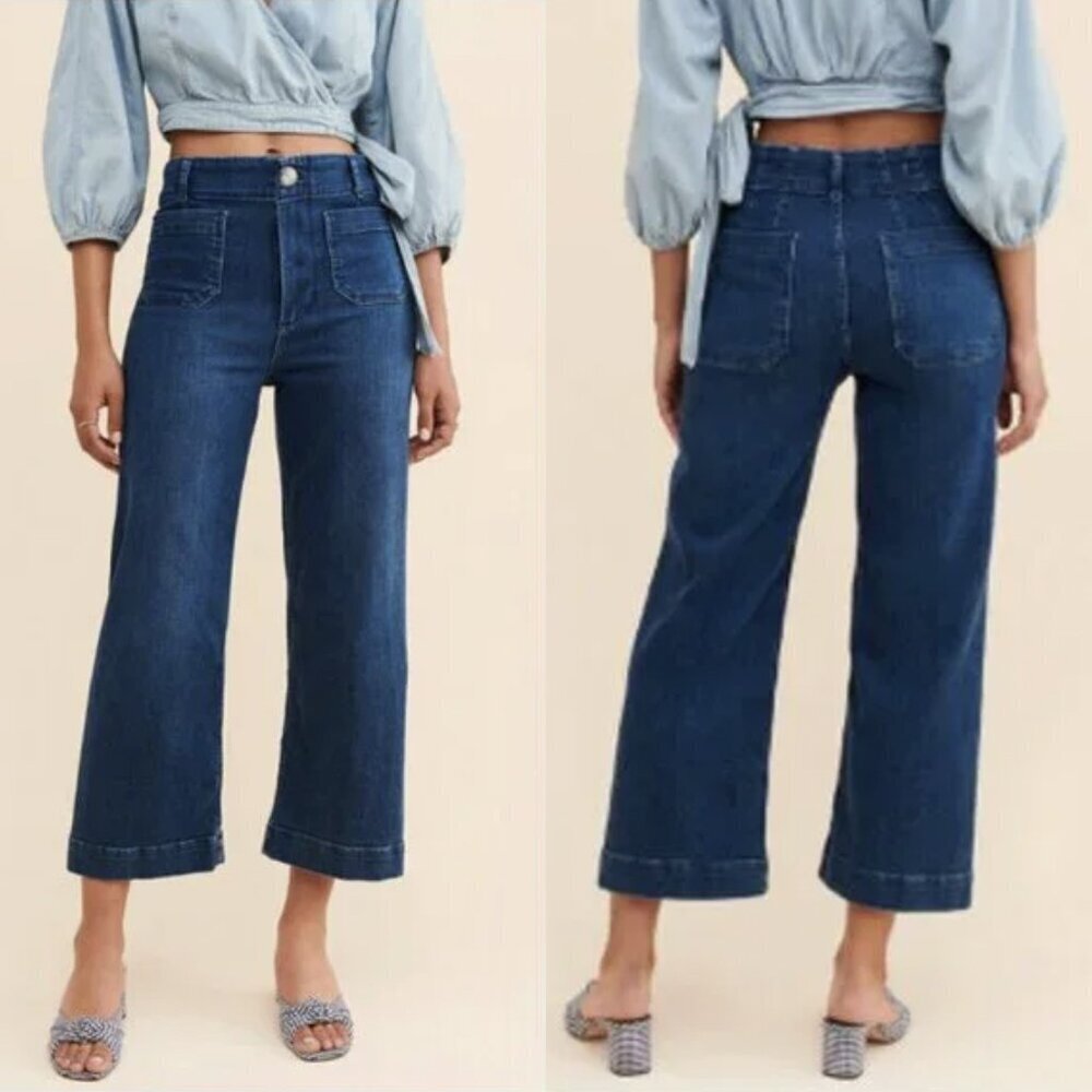 Pilcro Anthropologie Skipper Wide Leg High Rise Ankle Trouser Jeans Med Blue, 27